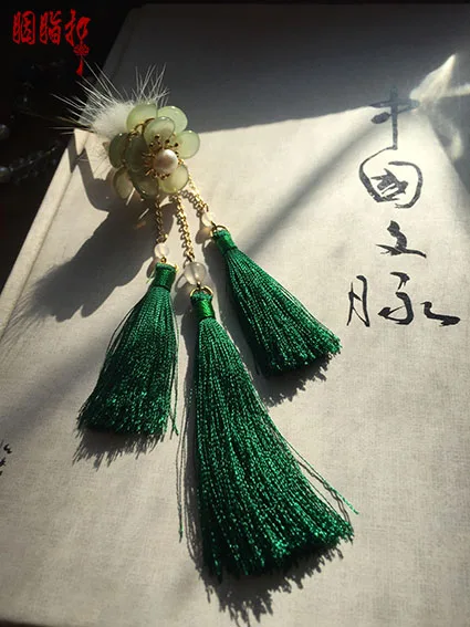 Зеленая палочка для волос из кроличьего меха tassel Hanfu костюм аксессуары серьги