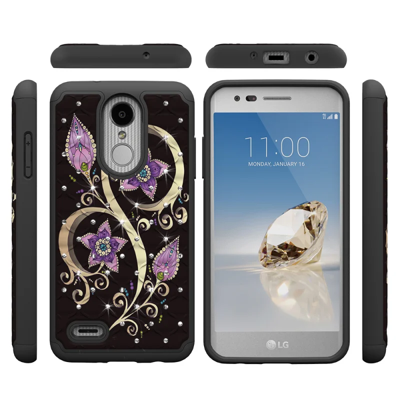 Case for LG Aristo 2 Bling Diamond Patterned Dual Layer PC Silicone Hybrid Capa Cover Plus Accessories |