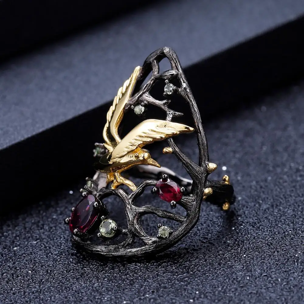 Gem балетки 0.85Ct натуральный гранатовый родолит птиц на дереве кольца 925 пробы