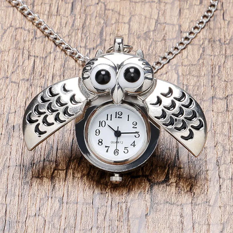 Cute SilverBronze Vintage Night Owl Necklace Pendant Quartz Pocket Watch Necklace  P26