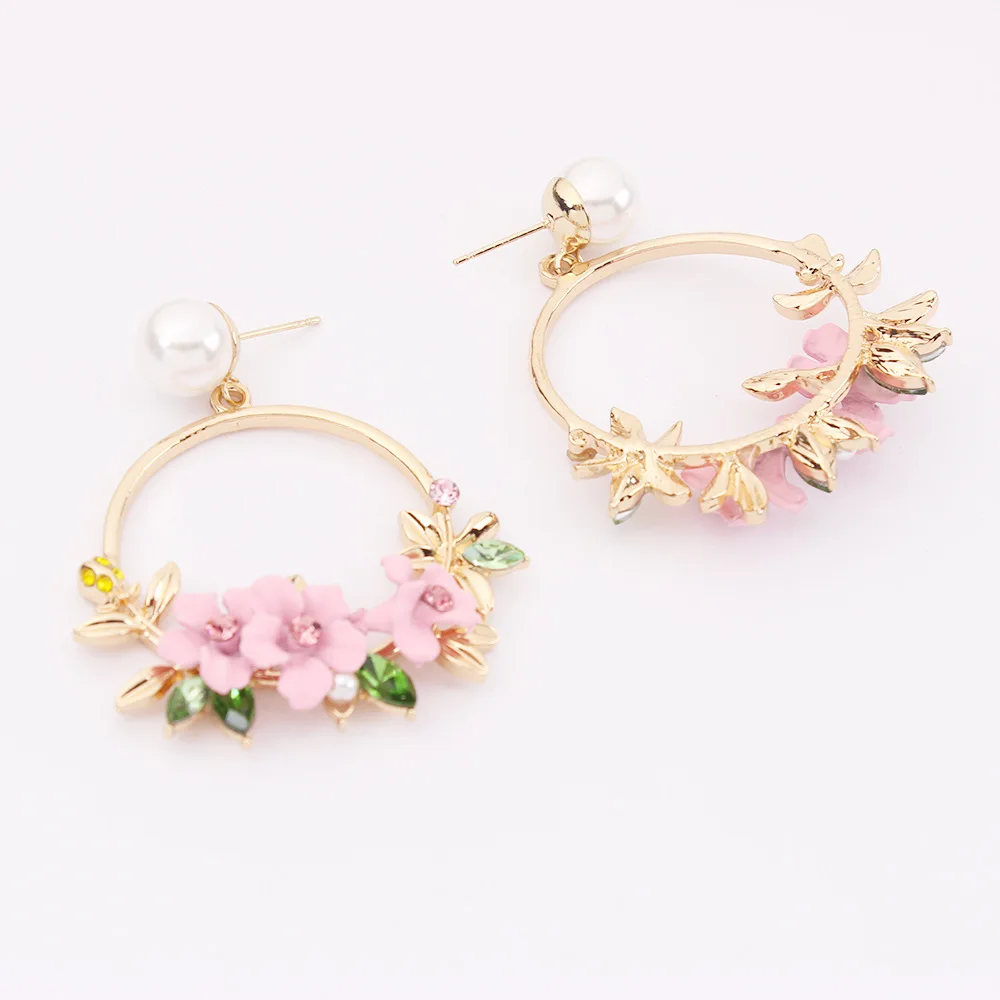 Fashion Simulated Pearl Earrings Elegant Circle Flower Drop for Women Sweet Resin Rhinestone Earring Jewelry|Серьги-подвески| |