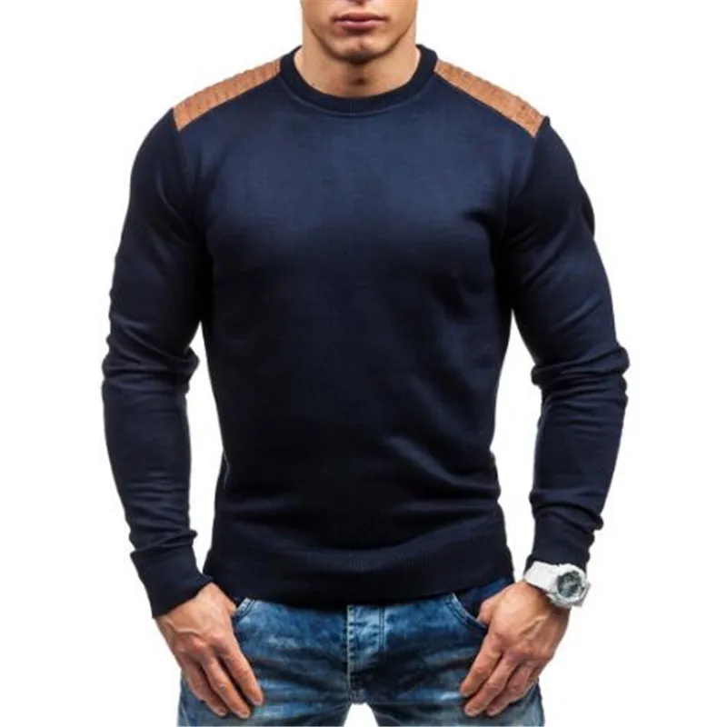 

Sweater Pullover Men 2018 Male Brand Casual Slim Sweaters Men Suede Patch Hedging O-Neck Men'S Sweater XXL