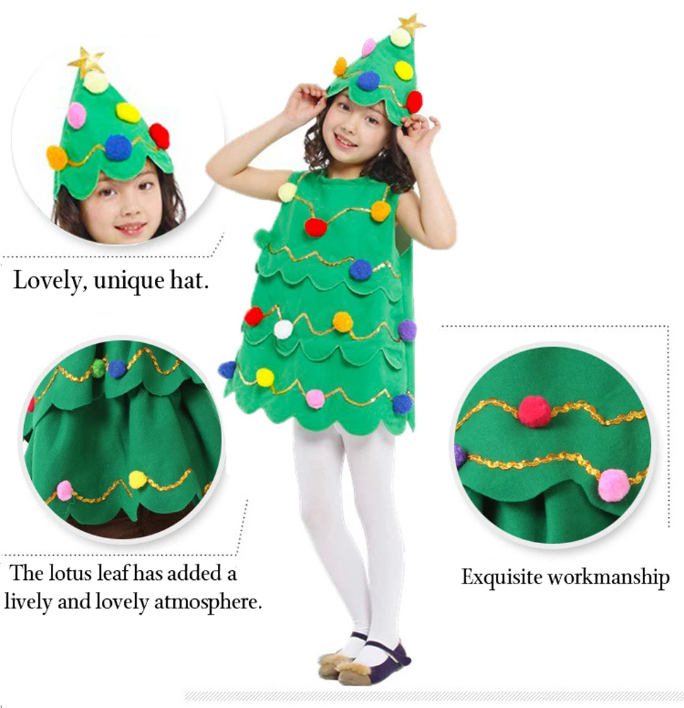 

Girls Christmas Tree Costumes Performance Dress Set Carnival clothes for children Green Novelty Winter Dresses with Hat