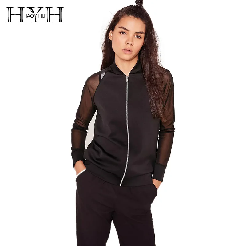 HYH HAOYIHUI Fashion Women Coats Black Solid Jackets Regular Autumn Zippers Long Sleeve Sheer O Neck Leisure Casual|fashion women coat|women