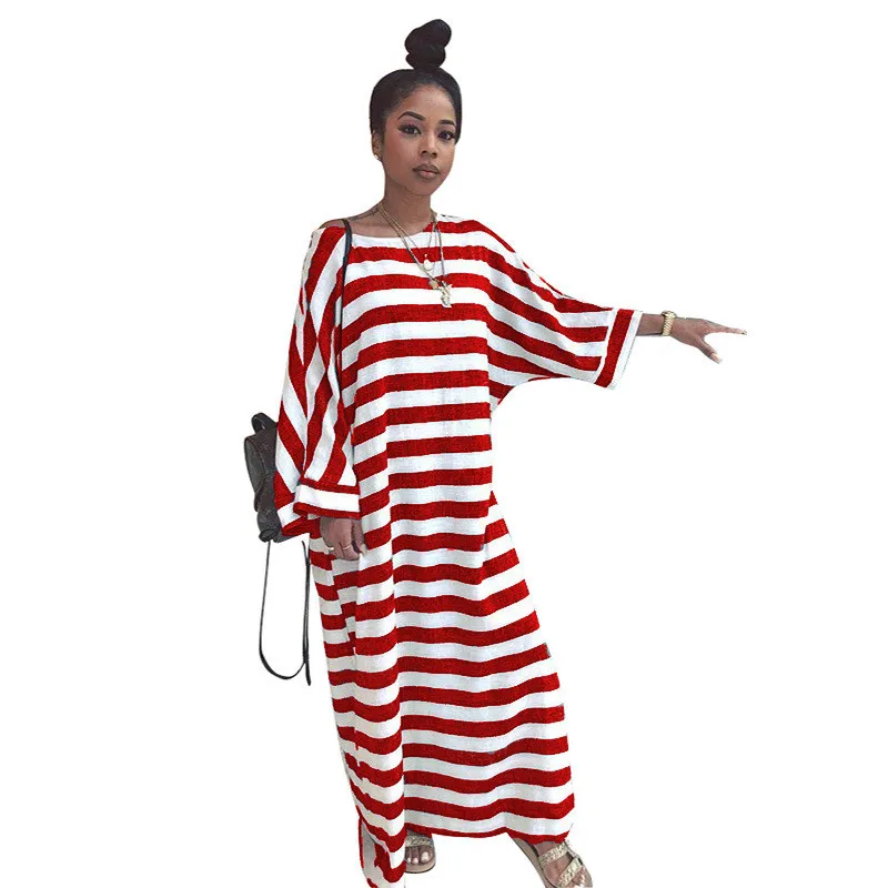 Adogirl Stripe Print Oversize Dress O Neck Batwing Long Sleeve Loose Casual Maxi Women Autumn Outfits Streetwear Vestidos | Женская