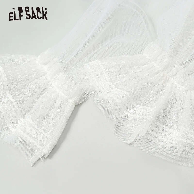 Женская блузка ELFSACK белая кружевная с рукавом бабочкой в белый горошек 2019|Блузки|