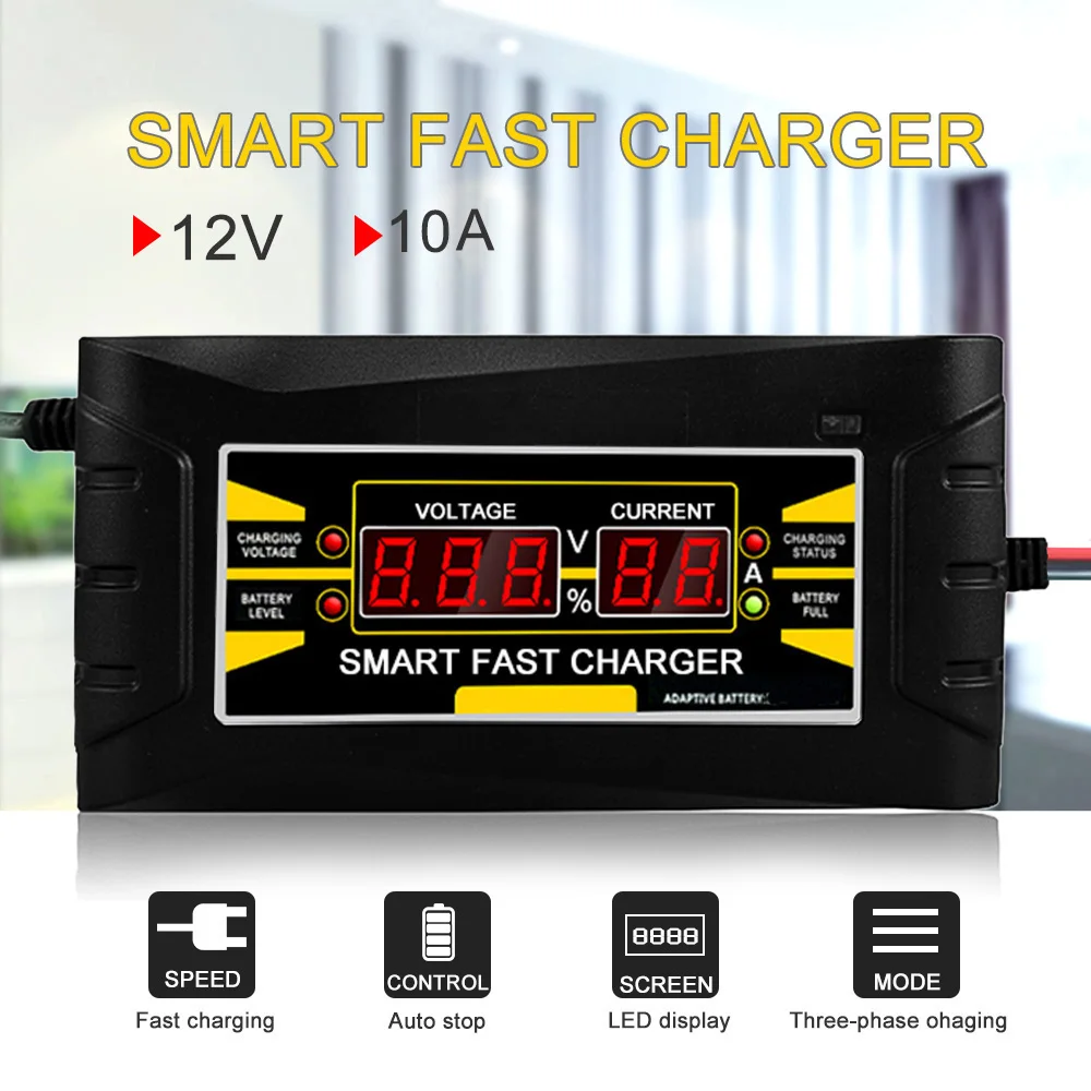 Full Automatic Smart  Car Battery Charger12V 10A Lead Acid/GEL Battery Charger LCD Display EU/US Plug Smart Fast Battery Charger