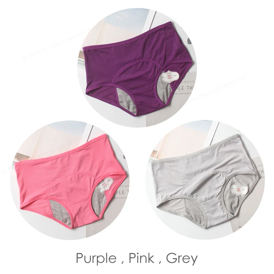 Purple Pink Grey Менструальные трусы, трусики для женщин, хлопковое дышащее Сетчатое водопоглощающее герметичное нижнее белье, женское нижнее белье с высокой талией, XXXL - Цвет: Purple Pink Grey