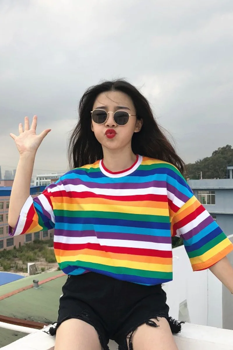 

2019 Summer New T Shirt Women Rainbow Striped Tops Ulzzang Harajuku Tshirt Short Sleeve Korean Punk T-shirt feminina
