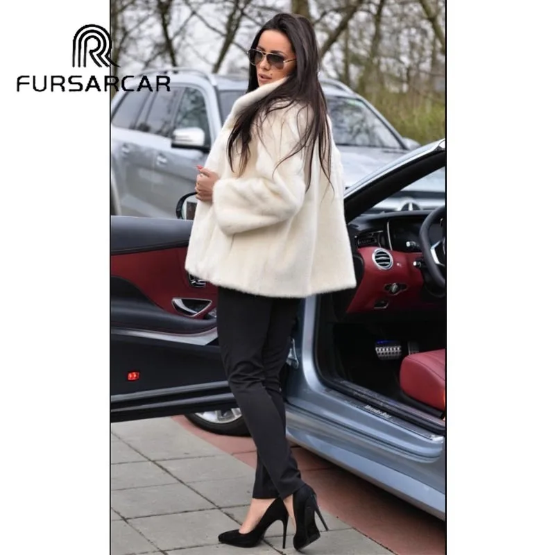 FURSARCAR, модная новинка, настоящая норковая шуба, женская зимняя уличная шуба белого цвета из натурального меха норки, женская шуба с меховым воротником
