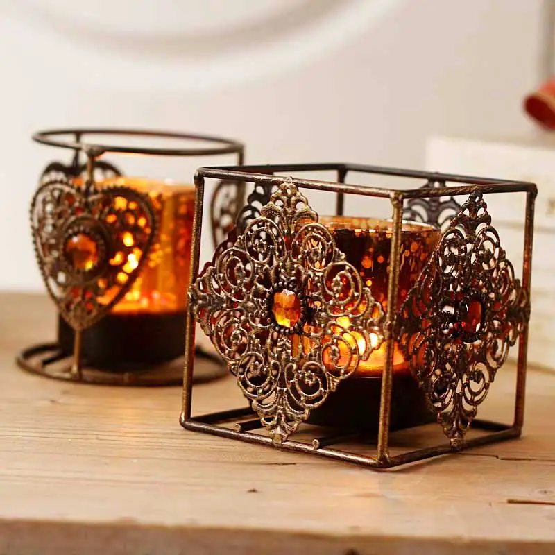 PINNY Bohemian Retro Gemstone Candlestick New Classical Metal Glass Candle Holder Home Decoration Accessories Vintage Lantern | Дом и сад