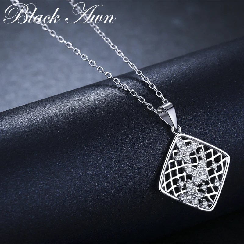 Женское ожерелье с черной бабочкой AWN элегантное квадратное из стерлингового