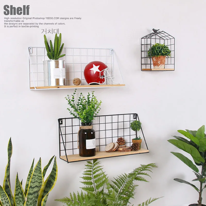 Vintage Iron Storage Shelf Wall Hanging Ornaments Sundries Holder Decoration Creative Wooden Rack Housekeeper Gifts | Дом и сад