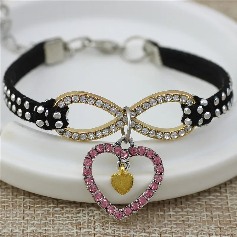 Новые модные розовые кожаные браслеты с двойными кристаллами бесконечные