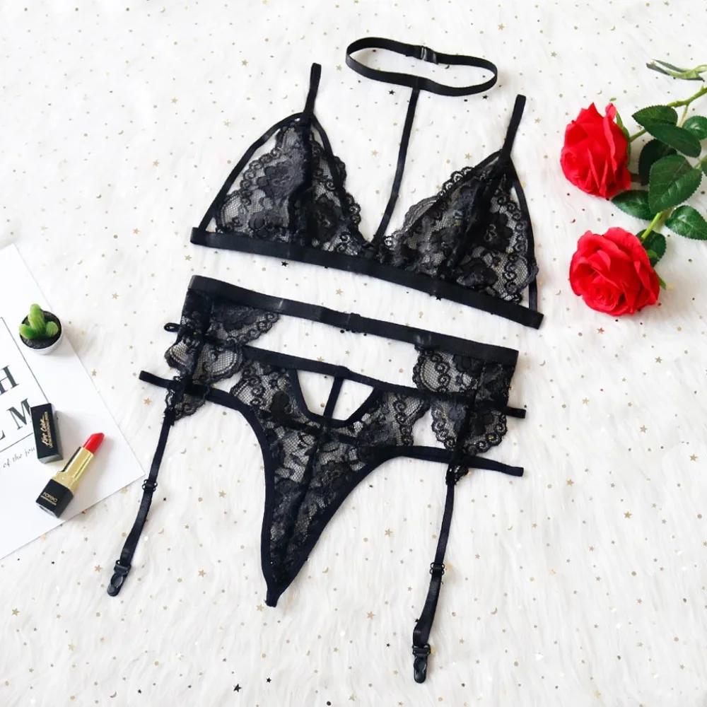 Fashion New Women V-neck Lace Sexy Underwear Bra Thong With Garter Set Lingerie Dress Sexy Underwear Nightwear G-string J11