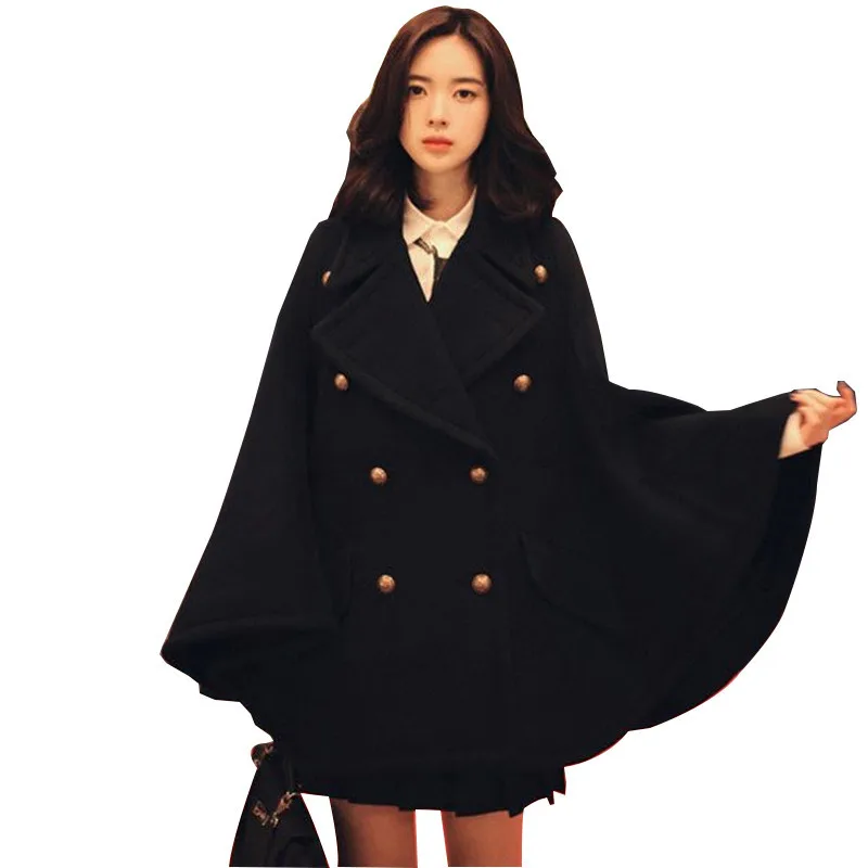 

JSXDHK Women Cloak Cape Black Woollen Coat 2021 Fashion Winter Wool Tweed Batwing Sleeve Poncho Causual Loose Thick Wool Coat