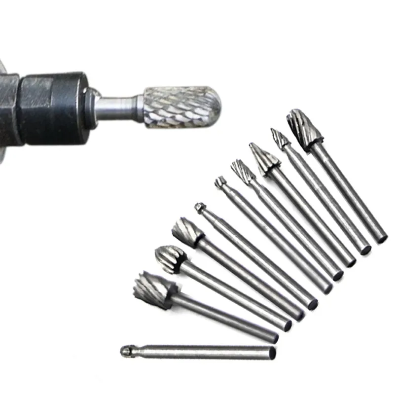 10 PCS/SET HSS Milling Drilling Set Dremel Carbide Rotary Burrs Stone Metal Root Carving Cutter Wood Tools 3.9CM |
