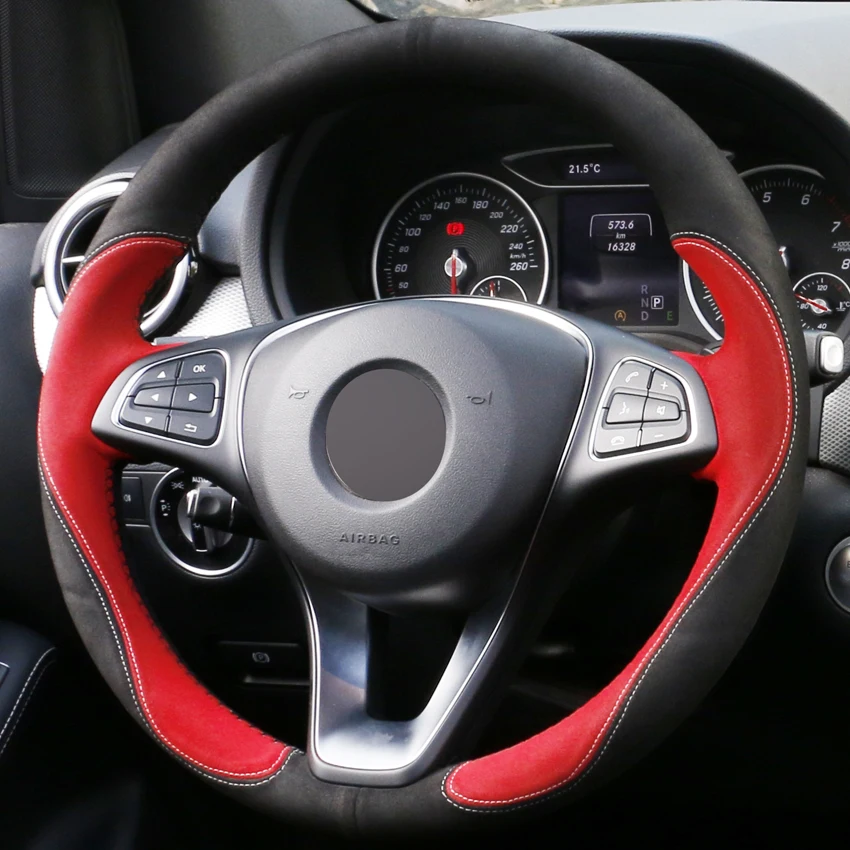 Чехол Puou для руля автомобиля прошитая вручную черная красная замша Mercedes Benz C180 C200