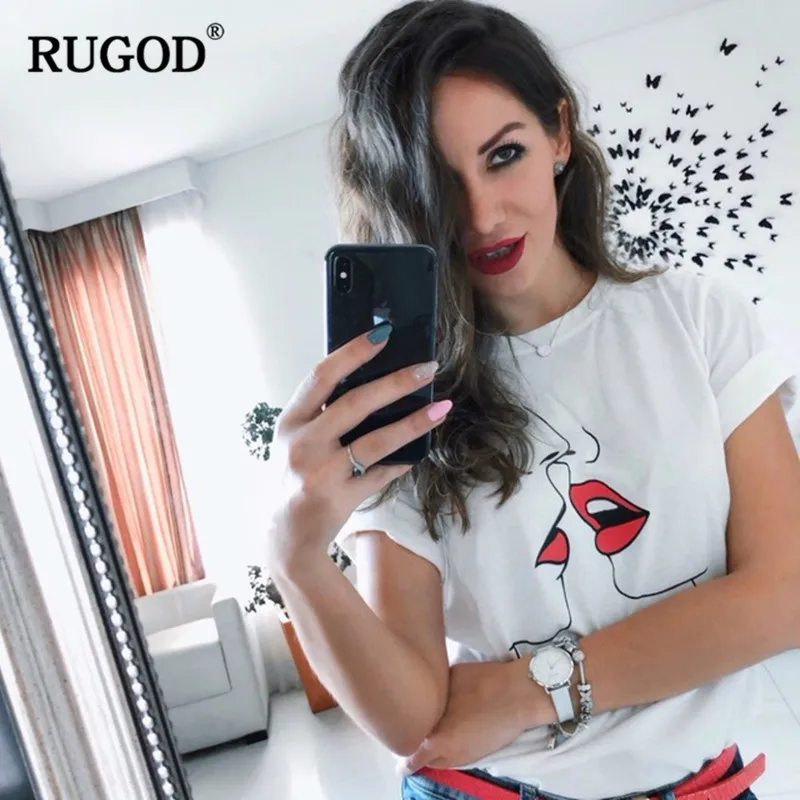 RUGOD 2020 Новая летняя Милая Красная рубашка с принтом поцелуя Женская белая
