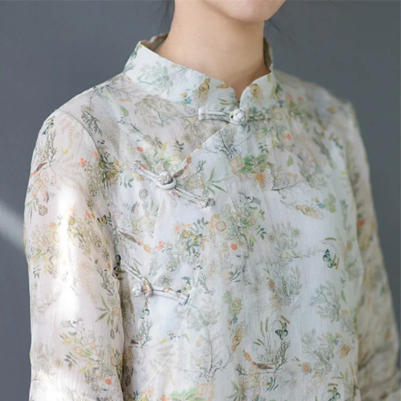 

SCUWLINEN 2020 Spring Summer Retro Women Dresses Elegant Vintage Print Handmade Plate Buttons 100% Ramie Long Cheongsam S507