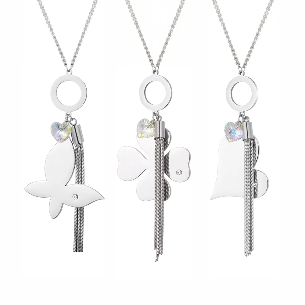 

New Stainless Steel Necklaces For Women Fashion Jewelry Butterfly Clover Tassel Pendant Necklace Statement Jewelry Female 2020