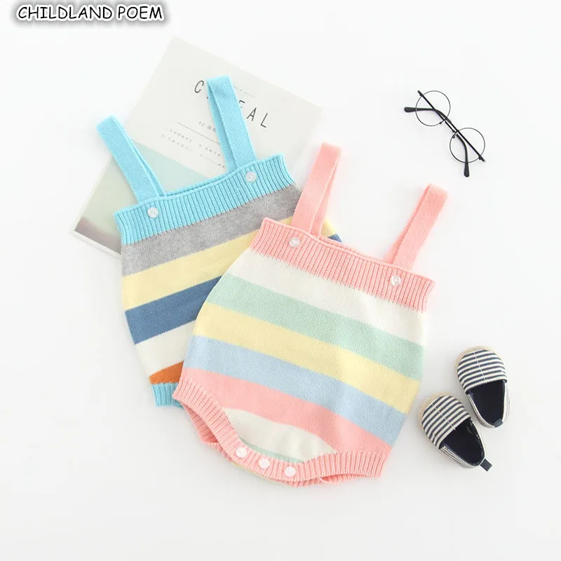Knitted Baby Clothes Rainbow Newborn Rompers for Girls Cotton Sleeveless Infant Jumpsuit Boys Romper Overalls | Мать и ребенок