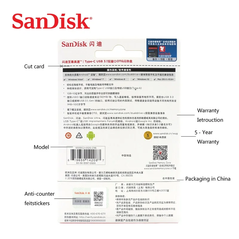 Sandisk флешки 32 GB U диск DUAL накопитель USB флэш-накопитель 128 GB Memory Stick Тип-C OTG USB 3,1 64 GB Высокое качество Usb Stick