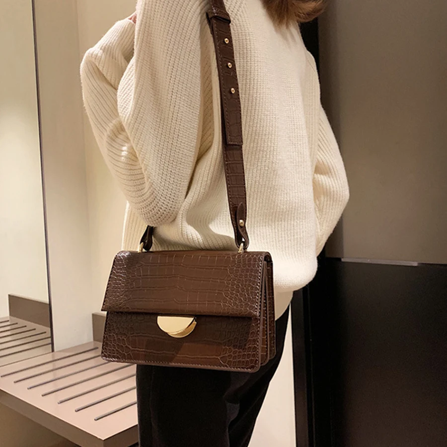 Повседневная однотонная сумка через плечо из кожи аллигатора для женщин