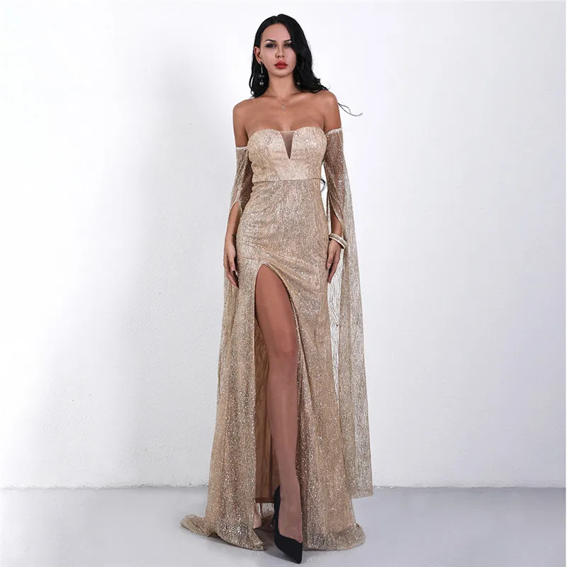 

2019 Women Sexy Off Shoulder Strapless Backless glitter Dresses Female High Split Elegant Party Dress