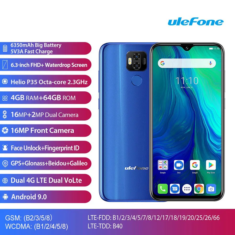 Мобильный телефон Ulefone power 6 19:5:9 FHD+ 6,3 ''Face ID Android 9,0 MTK67635V Восьмиядерный 4 Гб 64 Гб 6350 мАч NFC OTG