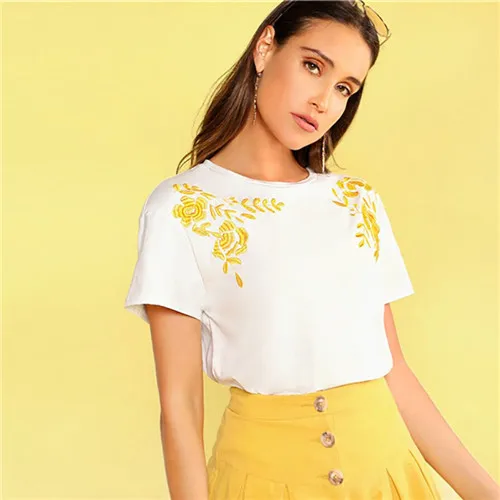 Белый Dotfashion, белая Цветочная вышивка, женская футболка, лето, повседневные топы, короткий рукав, одежда для девушек, корейская мода, футболка - Цвет: Белый
