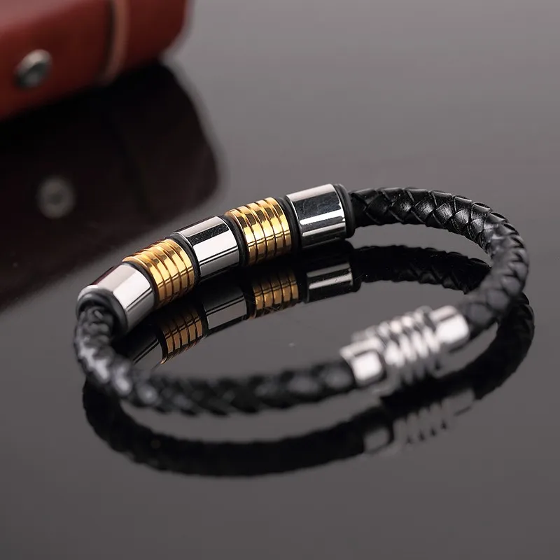 Мужской браслет из нержавеющей стали кожаный золотого цвета с магнитной пряжкой