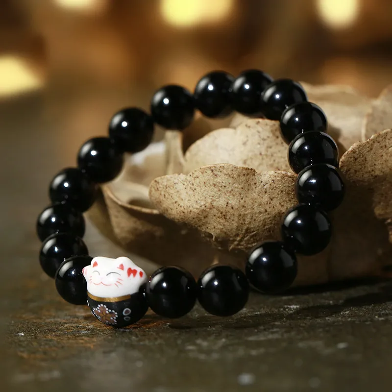 Прямая доставка обсидиановый браслет керамический кот с круглыми бусинами