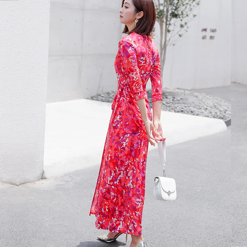 Женский сексуальный v образный вырез Красное длинное платье в винтажном стиле