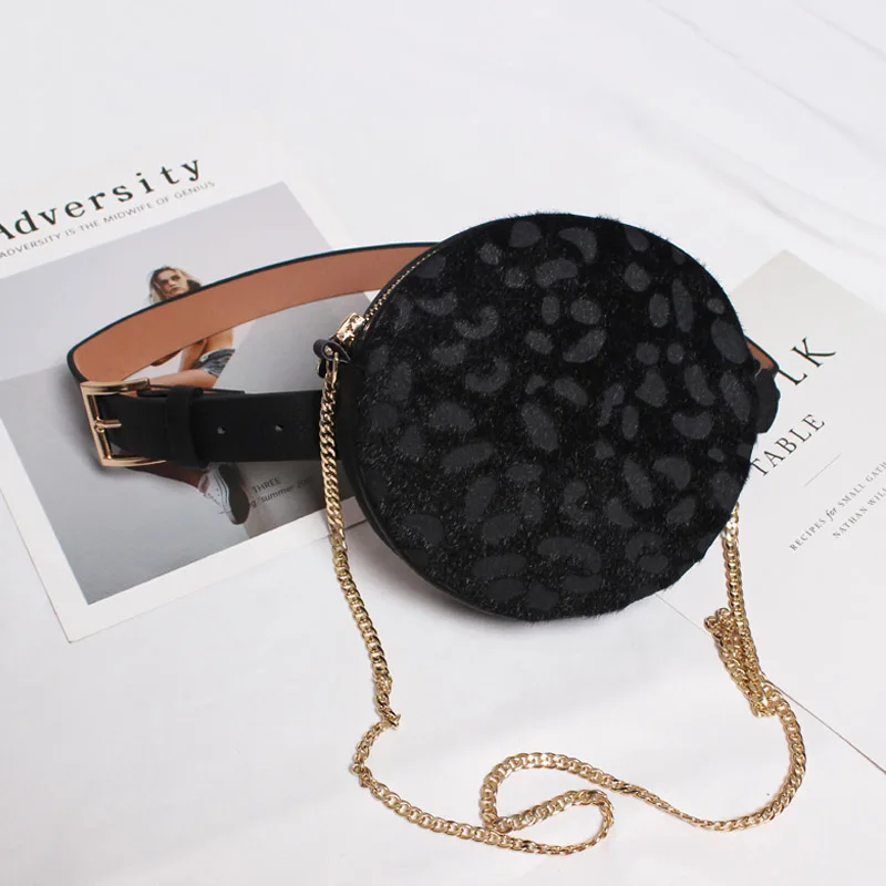 Black Waist Bag Женская поясная сумка, круглая, ПУ, поясная сумка, модная, Дамская, леопардовая, на ремне, на цепочке, сумки на плечо, удобная, поясная сумка, для телефона, кошелек для монет, женский - Цвет: Black Waist Bag