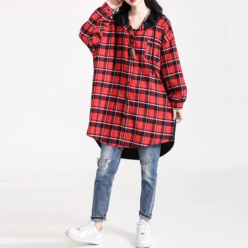 Длинная женская блузка в клетку с буквенным принтом рост 100 кг свободное весеннее