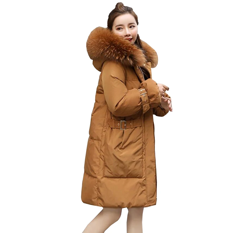 Женский пуховик средней длины Свободное пальто на белом утином пуху с капюшоном