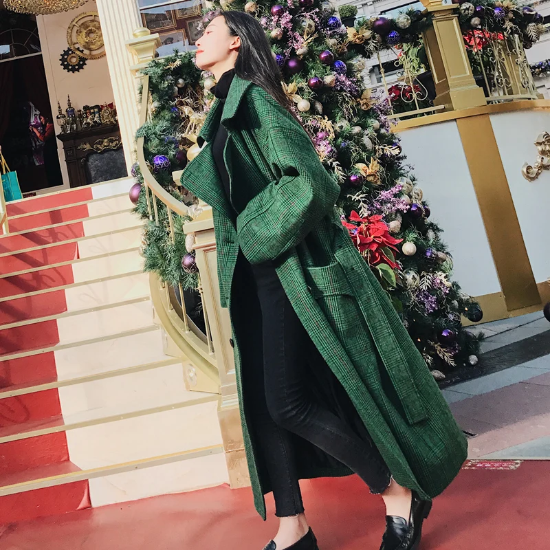 Женское двубортное пальто Notech длинное зеленое повседневное большого размера C790