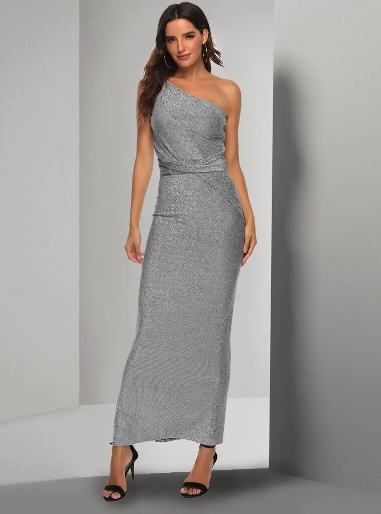 Vestidos серебряный блеск макси платья для женщин ropa mujer длинное летнее платье спинки одно плечо sukienka праздничная одежда