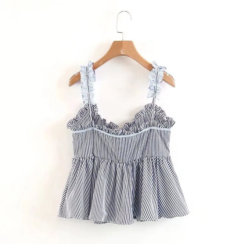 LTD119047 New Stringy Selvedge Striped Tops Women Strap Waistcoat V-Neck Sleeveless Tank Camisole Fashion Side Zip Vest Vestido | Женская