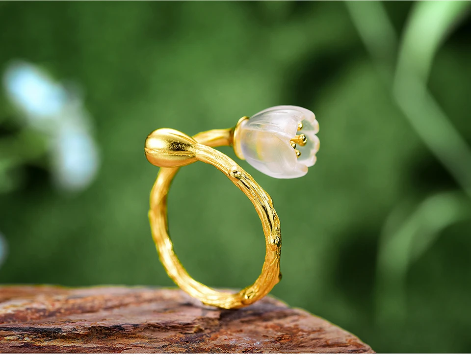 Lotus Fun Moment реального 925 пробы серебро кристалл натуральный камень Модные украшения золотой ландыш цветок кольца для Для женщин