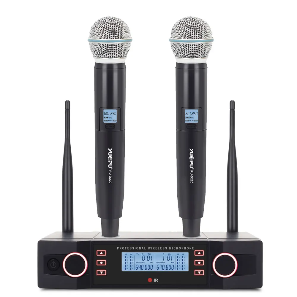 Dual Microphones YUEPU RU-D210 УВЧ профессиональный беспроводной микрофон Система 2 канала ручной караоке Регулируемая Частота беспроводной для церкви - Цвет: Dual Microphones