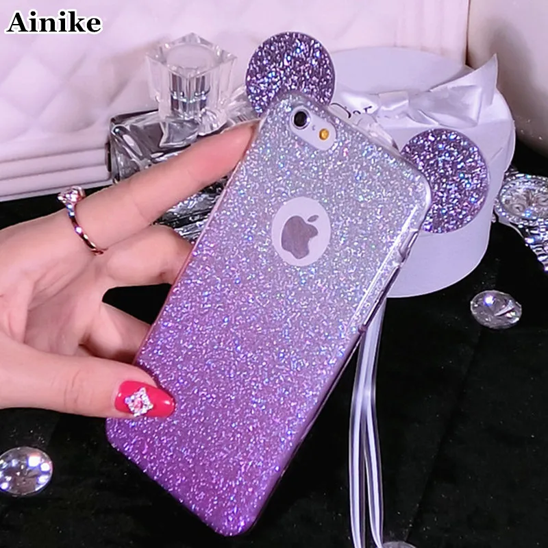 Ainike Mouse Ear Phone Case Bling Glitter Sticker With Strap For Samsung Galaxy Note8 J730 A3 J520 S5 S6 S7edge S8 S9 Plus G530 |