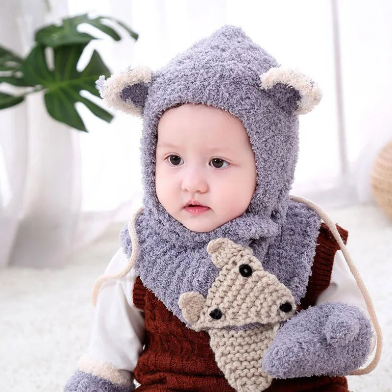 Серый 6 months to 3 Years old cartoon fox beanies hats sets wool kids soft winter 3 pcs baby boys girl scarf hat glove set - Цвет: Серый
