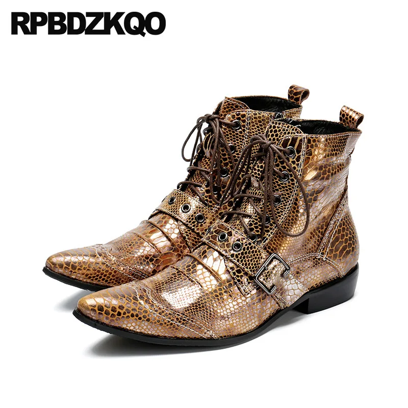 

Plus Size Full Grain Leather Metalic Snakeskin Stylish Gold Chunky Party Shoes Motorcycle Mens Pointed Toe Dress Boots Ankle