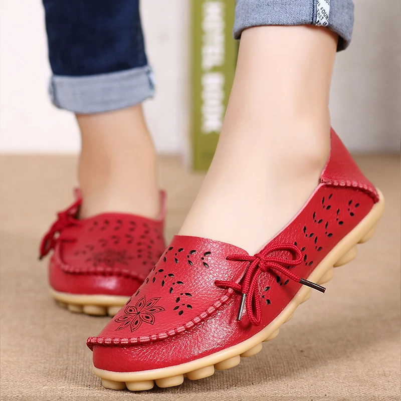 Big size 34-44 spring women flats shoes women genuine leather flats ladies shoes female cutout slip on ballet flat loafers