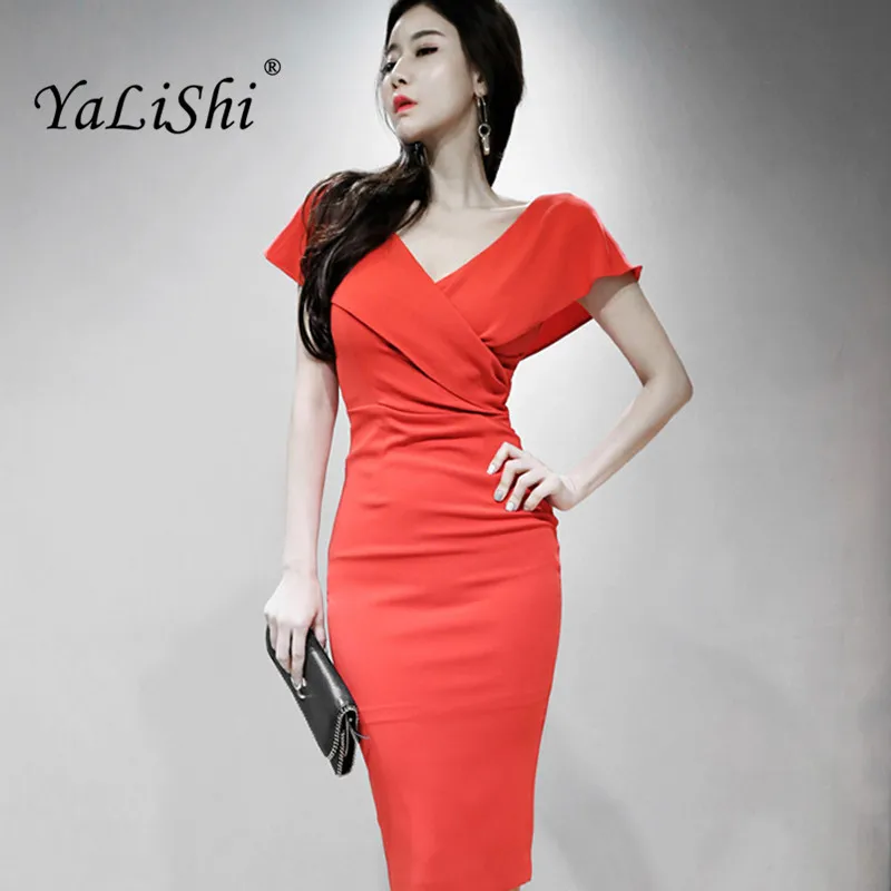 Женское офисное платье карандаш средней длины Красное Облегающее без рукавов с V