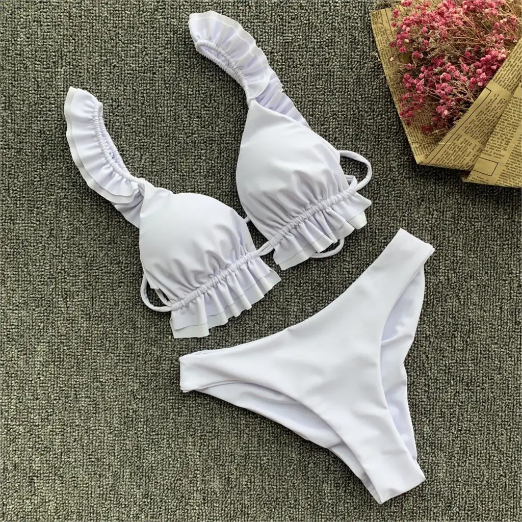 

Summer Women's Solid White Green Padded Bra Micro Bikini Set Ruffles Low Waist Two Pieces Swimsuit Beach Bathing Suit Swim