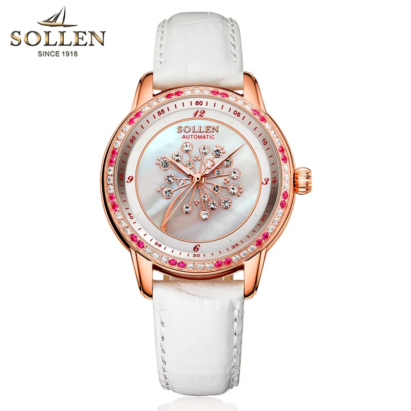 Брендовые модные роскошные женские часы SOLLEN золотые автоматические