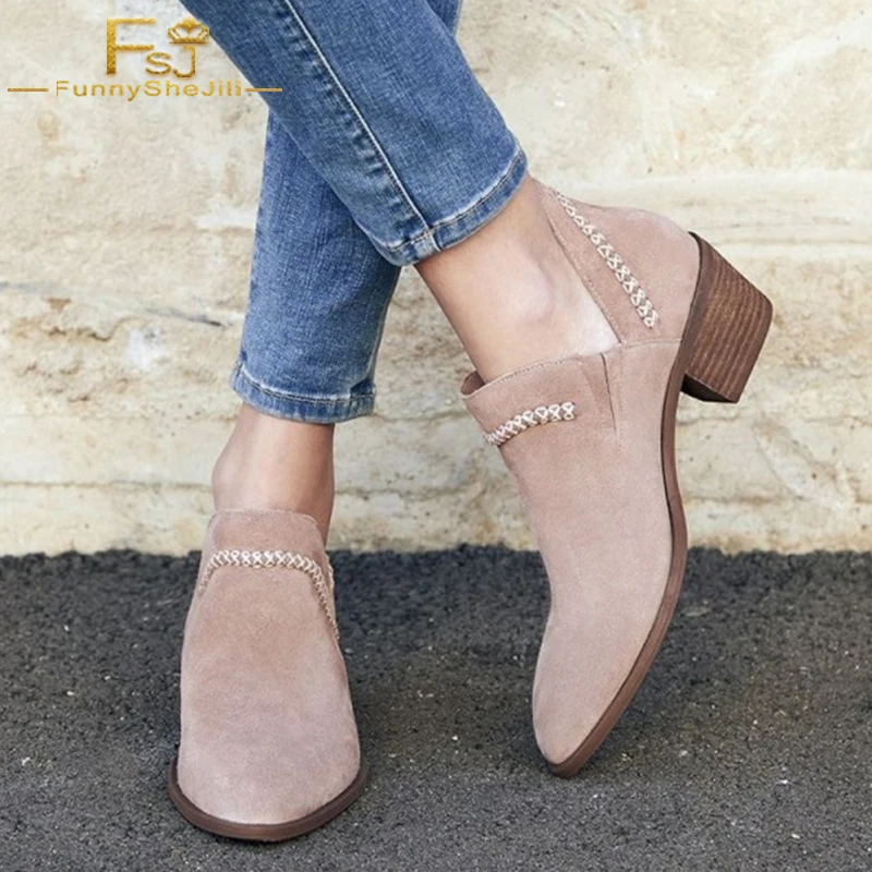 

Shallow Solid Flock Autumn Winter Polyurethane Dancing Club Music Festival Nude Suede Cut Out Block Heel Vintage Women Boots